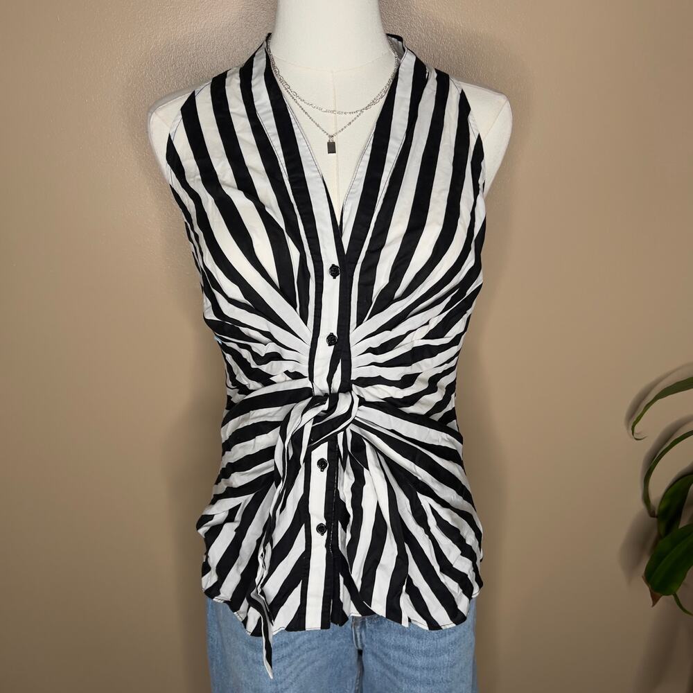 Bailey 44 Black White Striped Sleeveless Tie Front Blouse Fitted Casual Medium